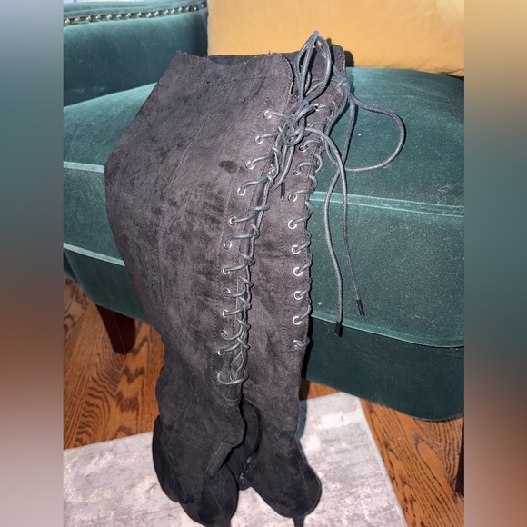 EUC - Two Lips Black Faux Suede Lace-Up Over-the-Knee Boots - No Call Outs - Picture 3 of 16